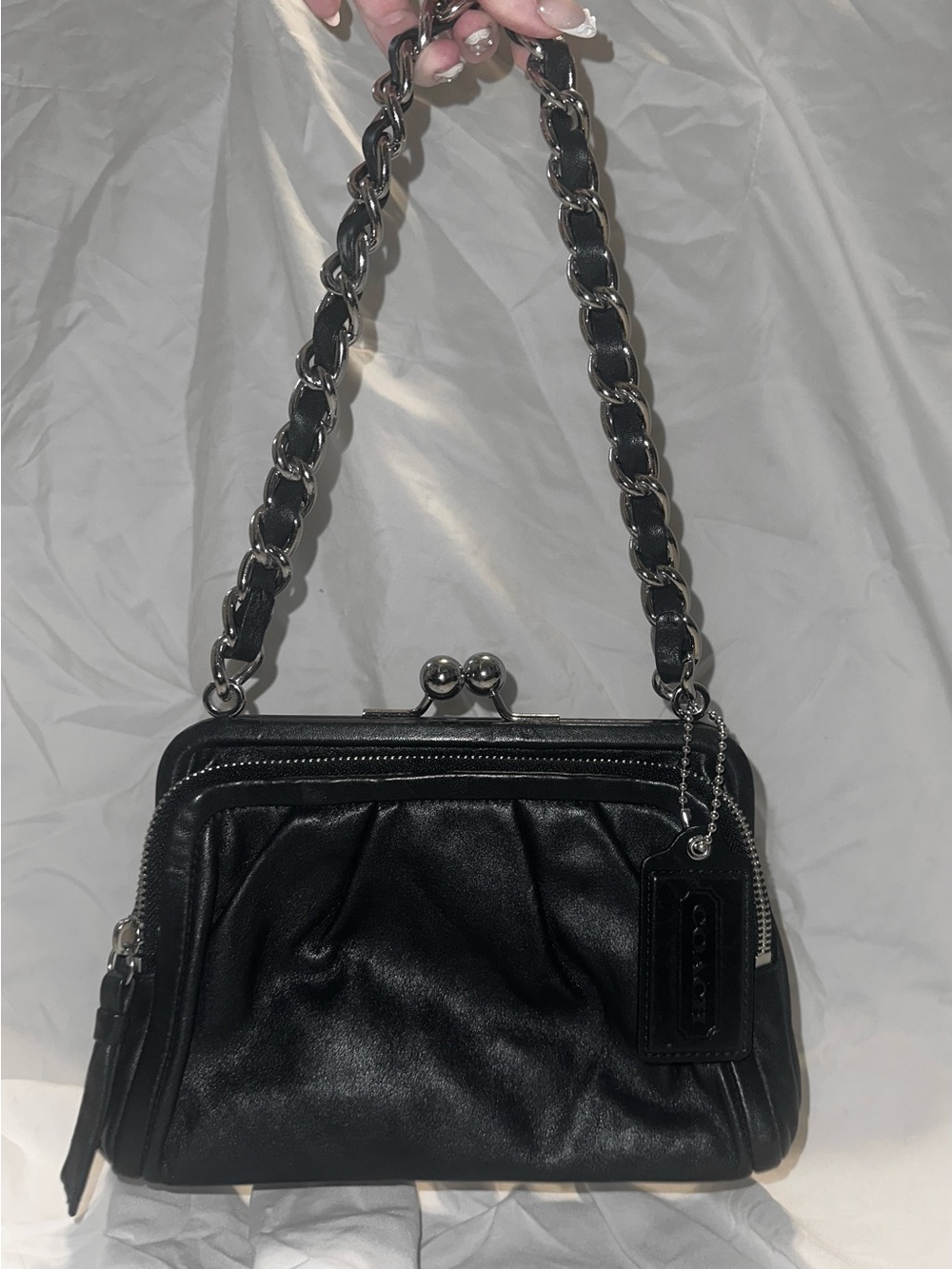 Coach Parker Kisslock Black Leather Bag with Silver Chain Handle